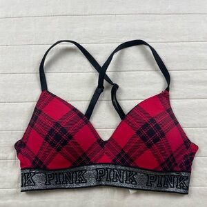 PINK Victoria's Secret Red and Black Plaid Bralette Bra 32A